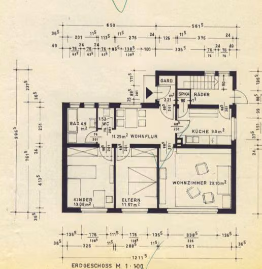 Zwangsversteigerung Einfamilienhaus in Lage – Genehmigter Grundriss des Erdgeschosses mit Raumaufteilung.