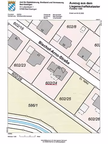 Zwangsversteigerung Einfamilienhaus in Münnerstadt, Windheim – Kataster-Lageplan mit Kennzeichnung des Flurstücks 602/24.