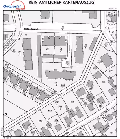 Zwangsversteigerung Eigentumswohnung in Bruchköbel – Liegenschaftskarte mit Kennzeichnung des Flurstücks 26/9 und des Gebäudekomplexes.