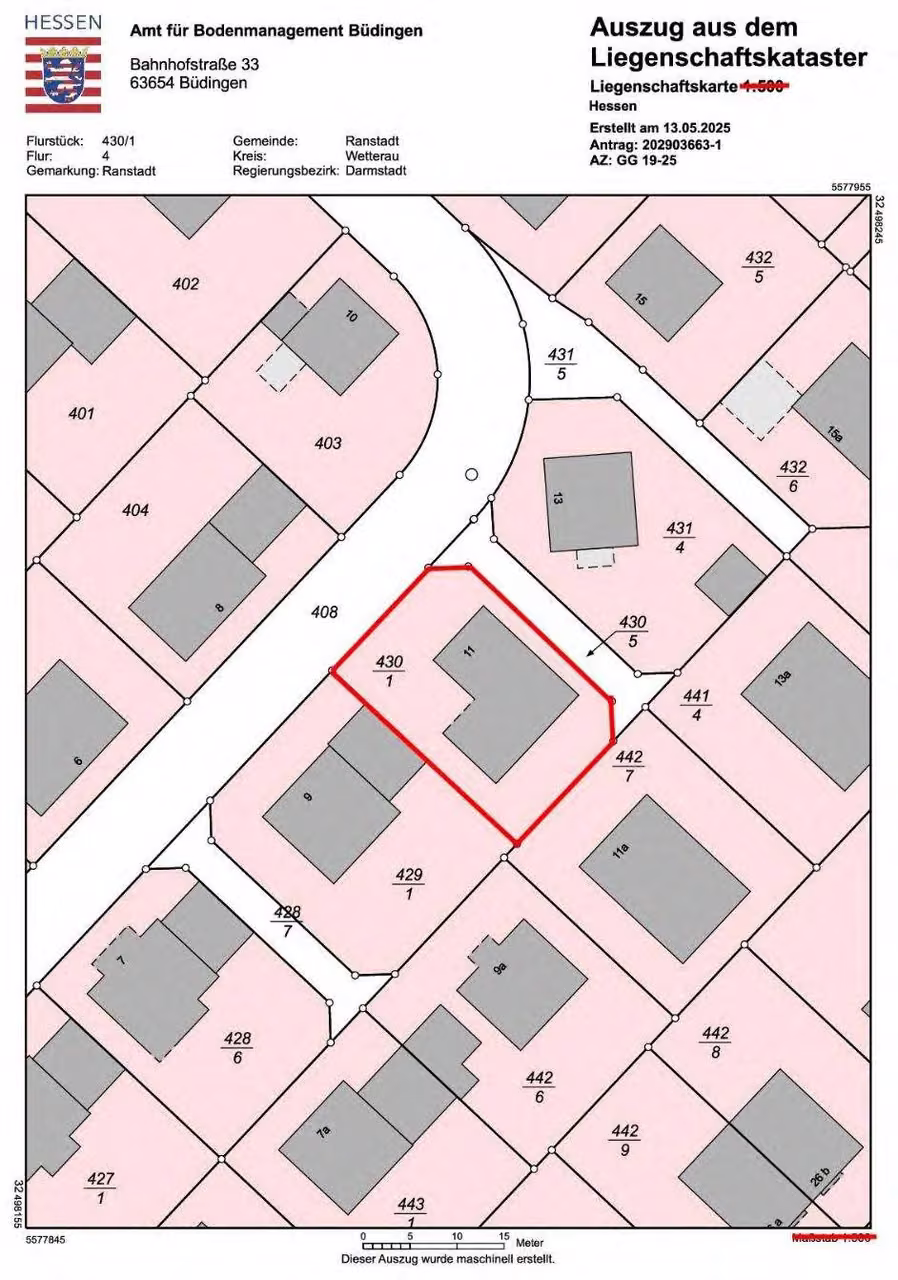Zwangsversteigerung Einfamilienhaus in Ranstadt – Auszug aus der Liegenschaftskarte Flur 4 Flurstück 430/1.
