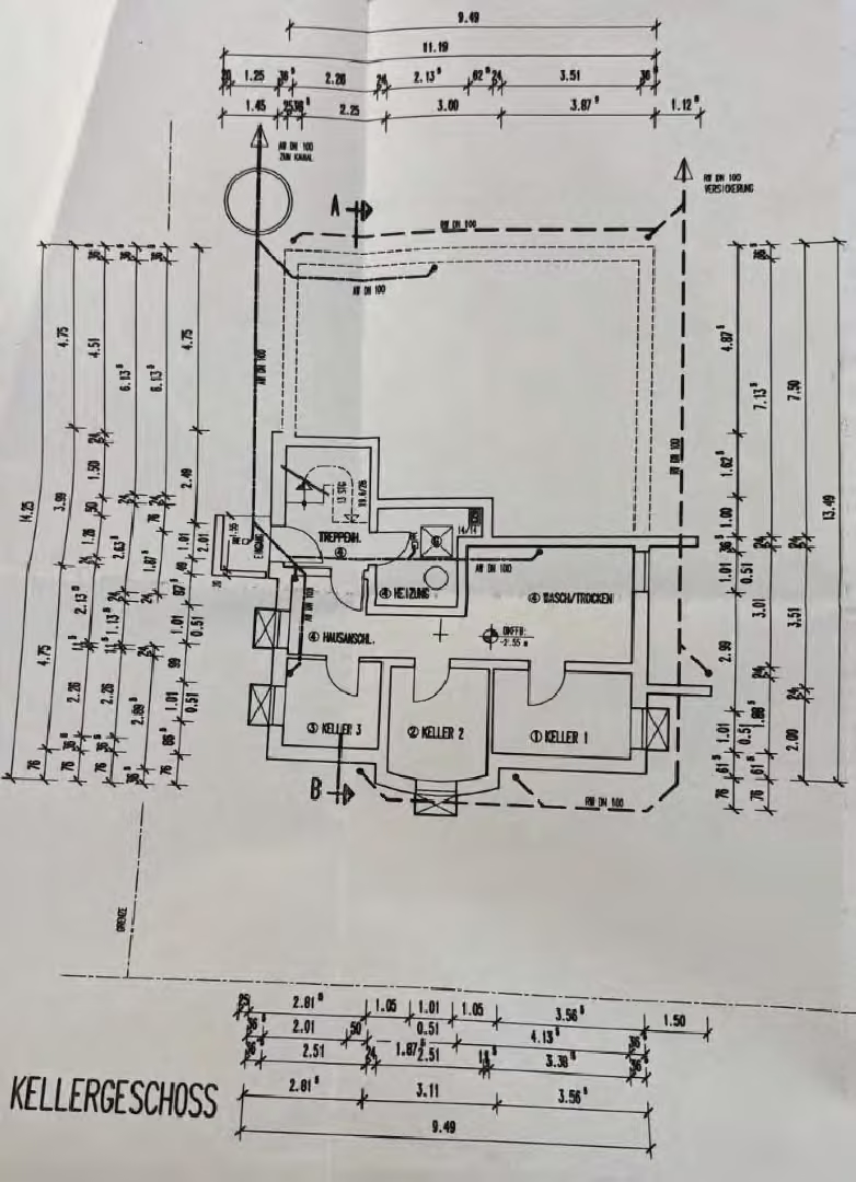 Zwangsversteigerung in Hemer, Becke – Grundriss des Kellergeschosses aus der ursprünglichen Bauakte.