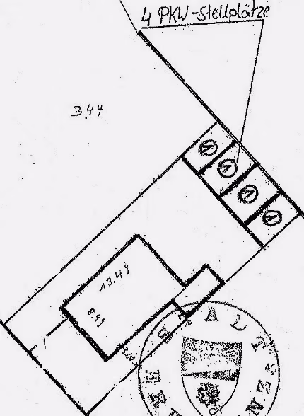 Zwangsversteigerung Büro in Erkelenz, Gerderath – Lageplan mit Kennzeichnung der vier zugeordneten Pkw-Stellplätze.
