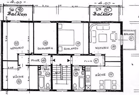 Zwangsversteigerung Eigentumswohnung in Dortmund, Dorstfeld – Grundriss des 1. Obergeschosses mit Markierung der Wohnung Nr. 10.