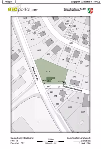 Zwangsversteigerung Einfamilienhaus in Versmold, Bockhorst – Amtlicher Katasterlageplan mit Flurstück 572.