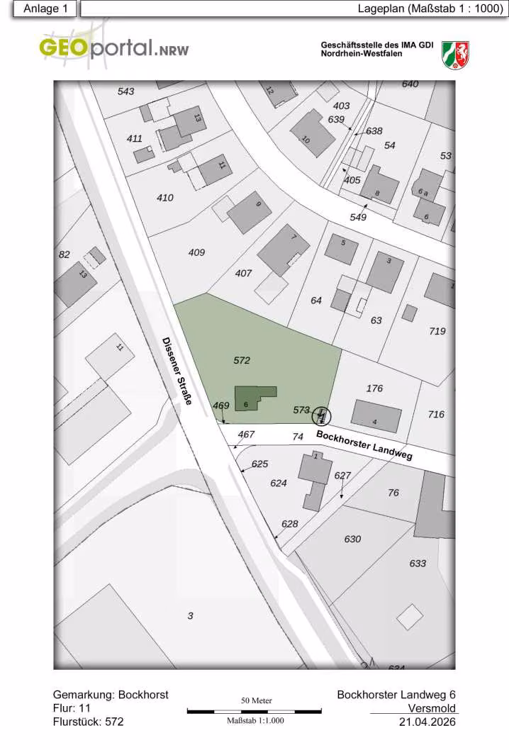 Zwangsversteigerung Einfamilienhaus in Versmold, Bockhorst – Amtlicher Katasterlageplan mit Flurstück 572.