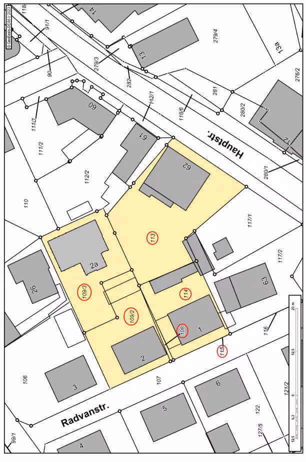 Zwangsversteigerung Gewerbe in Sassnitz – Katasterplan mit Kennzeichnung der einzelnen Liegenschaftsflurstücke.