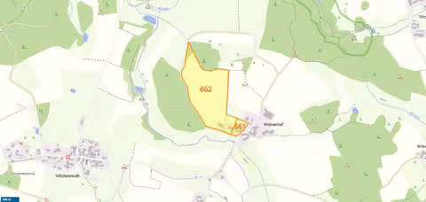Zwangsversteigerung Landwirtschaft in Floß, Welsenhof – Luftbild und Katasterauszug von Flurstück 671 mit Weiherfläche.