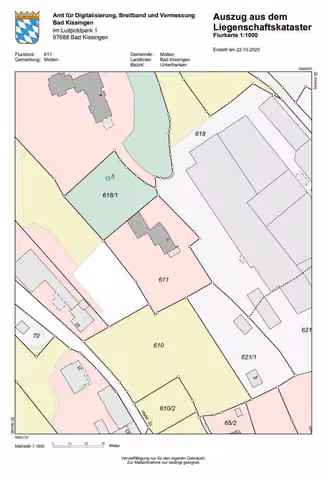 Zwangsversteigerung Einfamilienhaus in Motten – Auszug aus dem Liegenschaftskataster mit Flurstück 611.